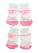 Pink / White Bow Tie Pet Socks - These fun and functional doggie socks protect your dogs paws from mud, snow, ice, hot pavement, hot sand and other extreme weather. Made from 95% cotton & 5% spandex making them comfortable and secure. Each sock features a paw shaped anti-slip silica pad & help keep your house sanitary. (set of 4).