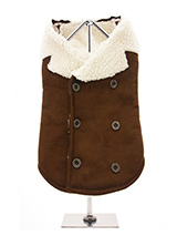 Brown Shearling Aviator Jacket - You will find it hard to resist our shearling aviator jacket. It is so soft, light and smooth to the touch but still incredibly warm. Fleece lined with a faux suede outer it really is a great coat for keeping you dog warm and snug. It's has a traditional double breasted finish with six buttons three...
