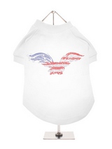 American Eagle GlamourGlitz Dog T-Shirt - Exclusive GlamourGlitz 100% Cotton Dog T-Shirt. Embellished with a soaring American Eagle, the National Emblem and crafted with Red, Silver and Blue Rhinestuds that catch a sparkle in the light. Wear on it's own or match with a GlamourGlitz ''<b>Mommy & Me</b>'' Women's T-Shirt to complete the look.
